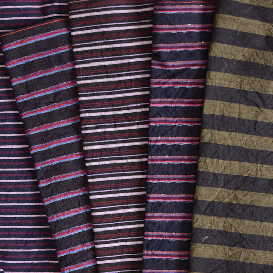 Japanese Vintage Cotton Stripe Fabric Scraps – Five Pieces of Mid-Showa Indigo for Boro, Quilting, and Slow Stitching