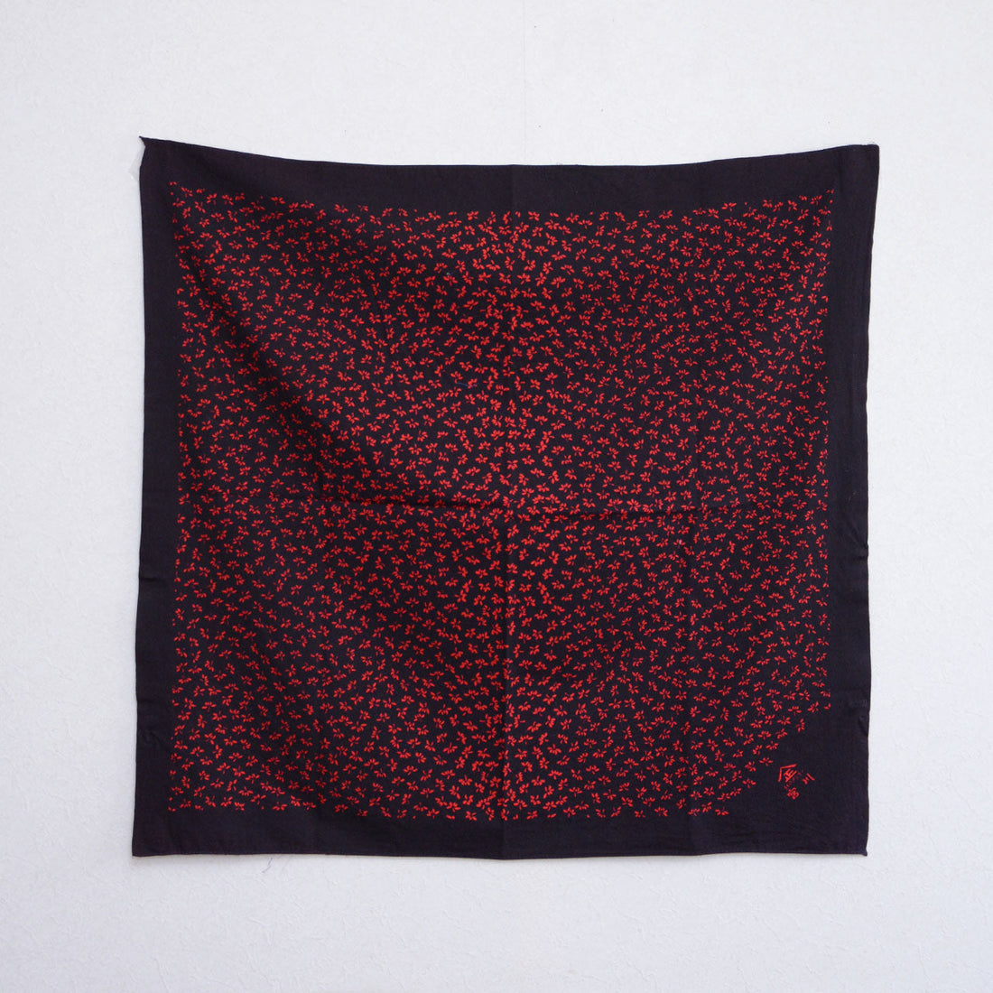 Vintage Furoshiki Wrapping Cloth – Black Cotton with Botanical Motif, Kimono Shop Novelty, Late Showa