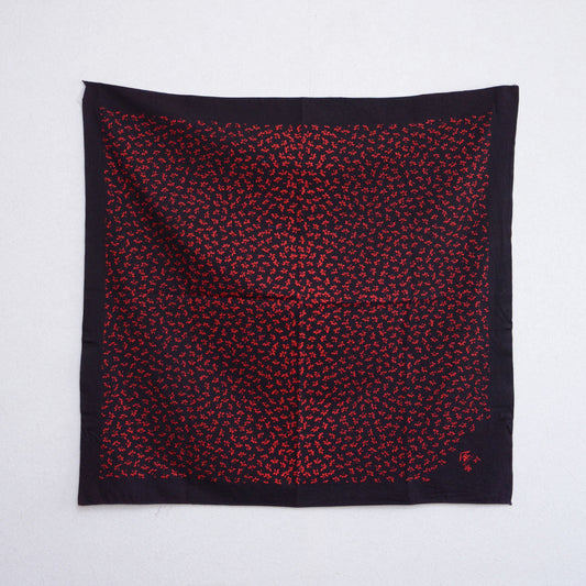 Vintage Furoshiki Wrapping Cloth – Black Cotton with Botanical Motif, Kimono Shop Novelty, Late Showa