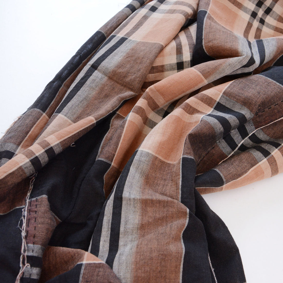 Vintage Japanese cotton fabric, black camel and beige check pattern, exceptional textile design and natural cotton texture, Showa era futon hodoki