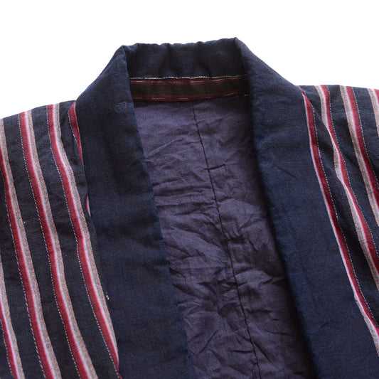 Noragi Jacket with Indigo-Dyed Collar and Striped Cotton – Vintage Japanese Workwear