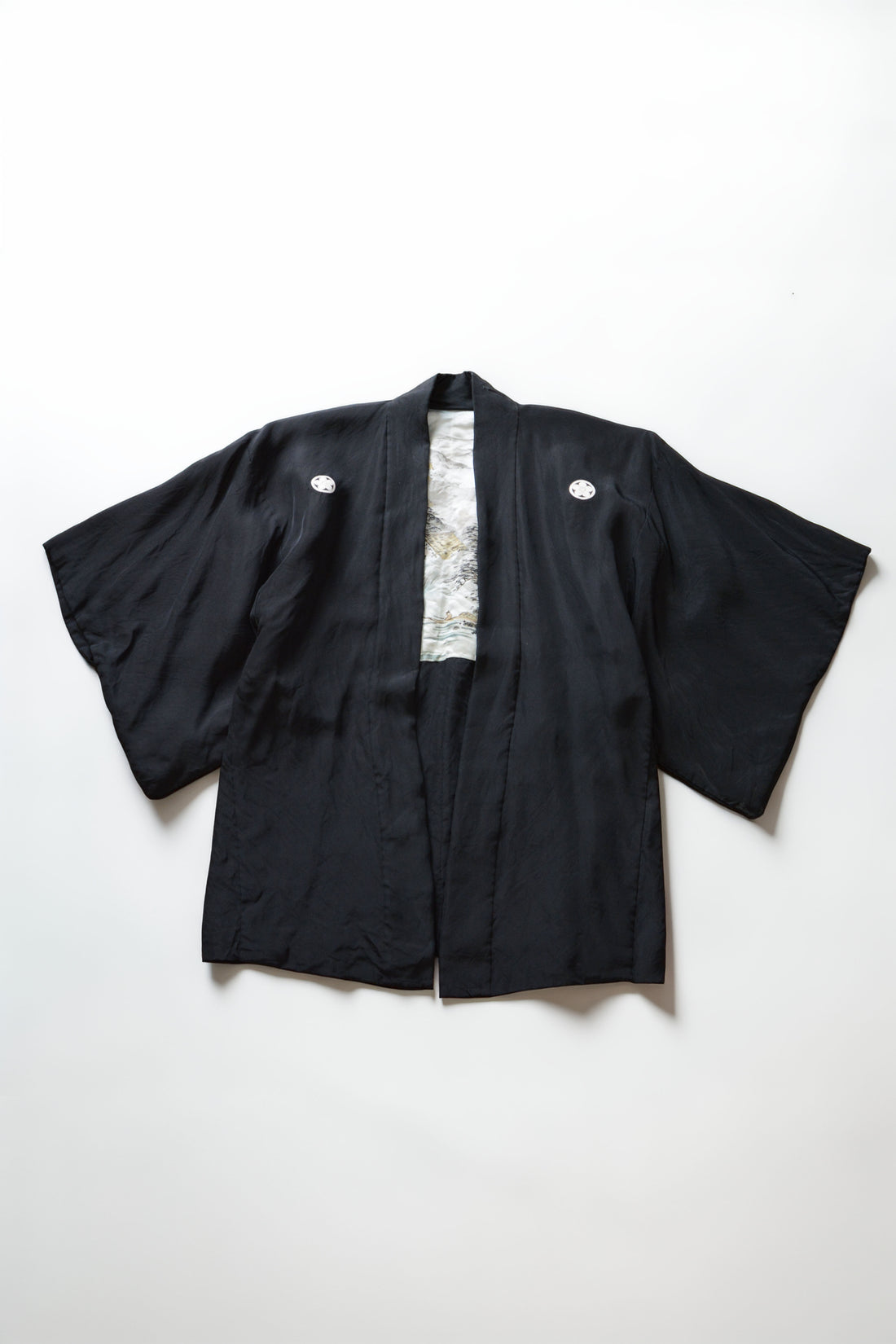 Black vintage Japanese haori with five family crests on white background