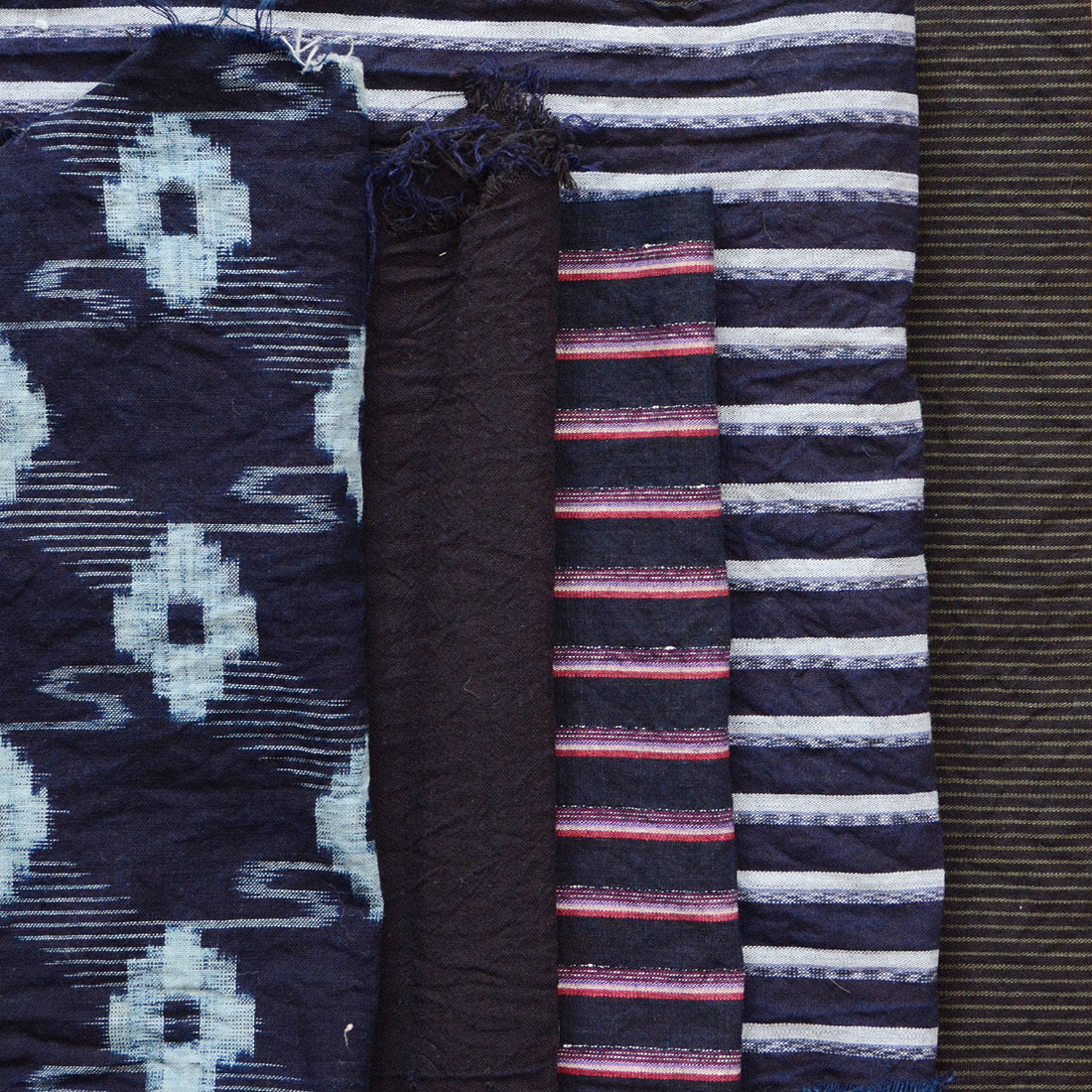 Three Traditions in One Bundle – Japanese Vintage Mixed Fabric Scraps: Stripe, Kasuri, and Solid