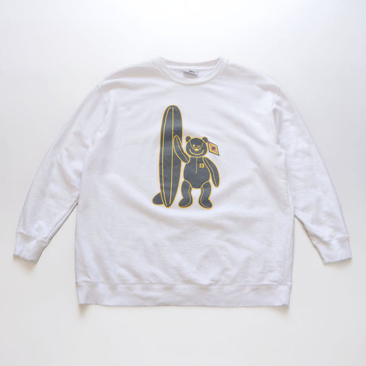 White BEAR SURFBOARDS sweatshirt with a winking bear carrying a surfboard on the front