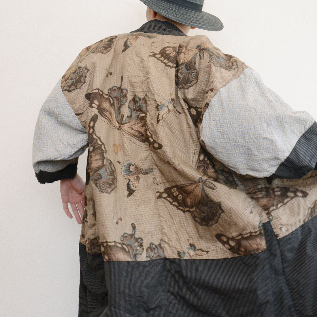 Cotton haori jacket worn by model, back view, butterfly crazy pattern lining visible, early Showa era Japan vintage