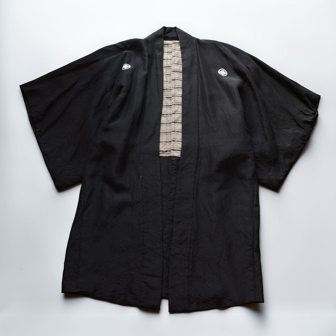 Japanese vintage black haori with five family crests and tartan lining, Showa era Japan