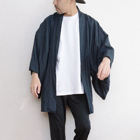 Blue-toned vintage men's haori jacket with a white T-shirt and black trousers
