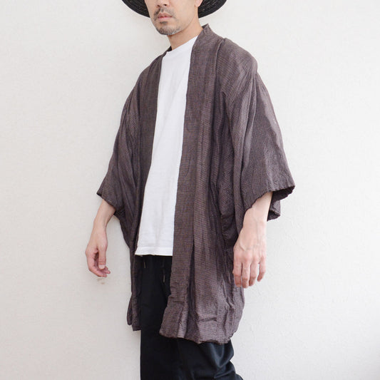 Showa-era rayon-blend haori with patterned outer fabric and white cotton T-shirt