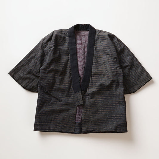 Japan vintage noragi jacket, horizontal border stripe cotton, Showa era handmade workwear