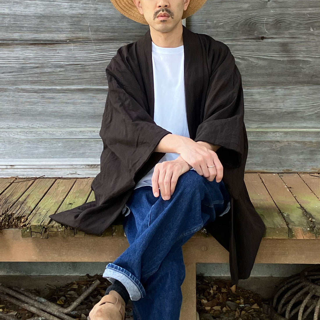 Vintage Japanese men's haori jacket in brown check pattern, early Showa era kimono outerwear
