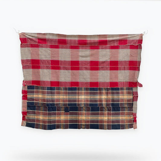 Red and indigo checkered Japanese vintage cotton cloth with joined panels and visible repairs