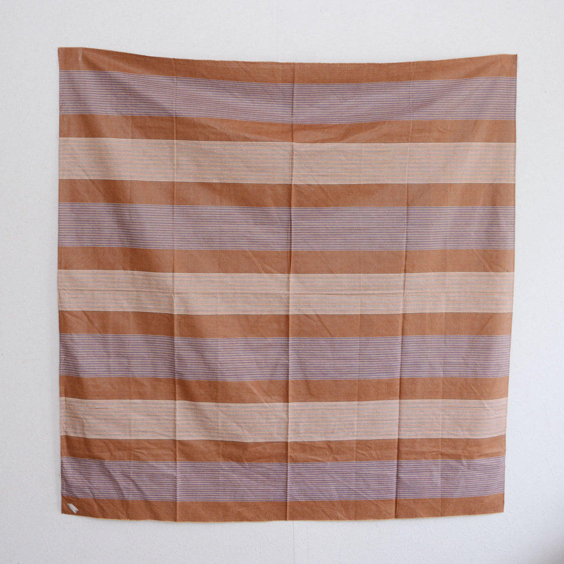 Large mid-Showa striped cotton furoshiki with cream and muted purple bands on a warm brown ground