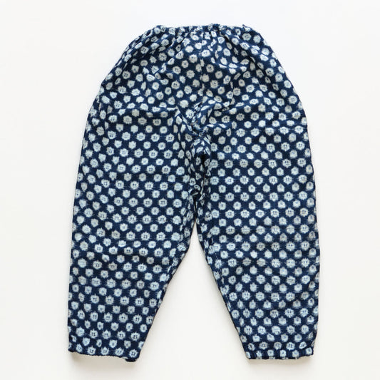 Vintage Japanese monpe in indigo-dyed kasuri cotton, mid-Showa era