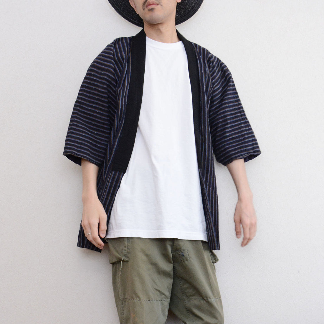 Showa-era Japanese cotton noragi, navy blue stripe, hand-stitched, Tohoku region, vintage workwear
