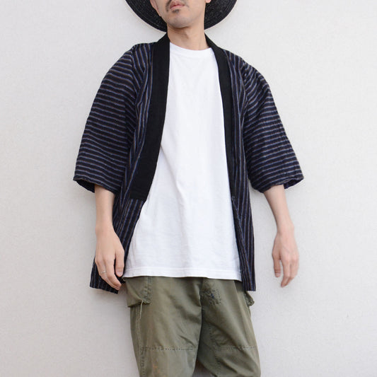 Showa-era Japanese cotton noragi, navy blue stripe, hand-stitched, Tohoku region, vintage workwear