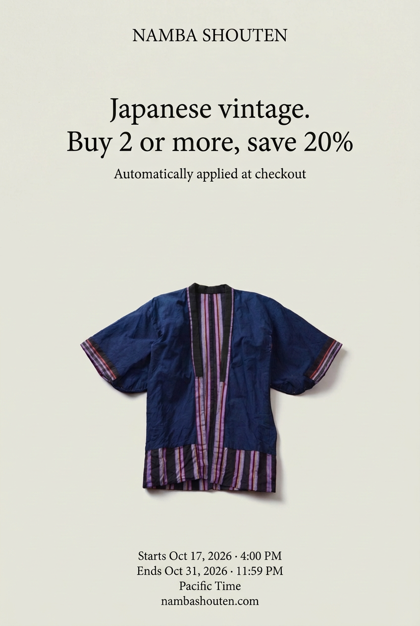 NAMBA SHOUTEN indigo noragi sale announcement: buy two or more items and save 20%, October 17 at 4 PM to October 31 at 11:59 PM, 2026, Pacific Time