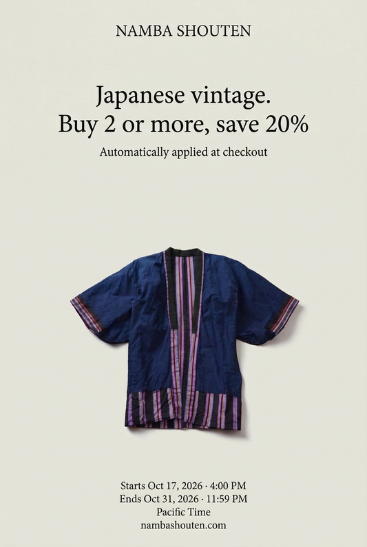 NAMBA SHOUTEN indigo noragi sale announcement: buy two or more items and save 20%, October 17 at 4 PM to October 31 at 11:59 PM, 2026, Pacific Time