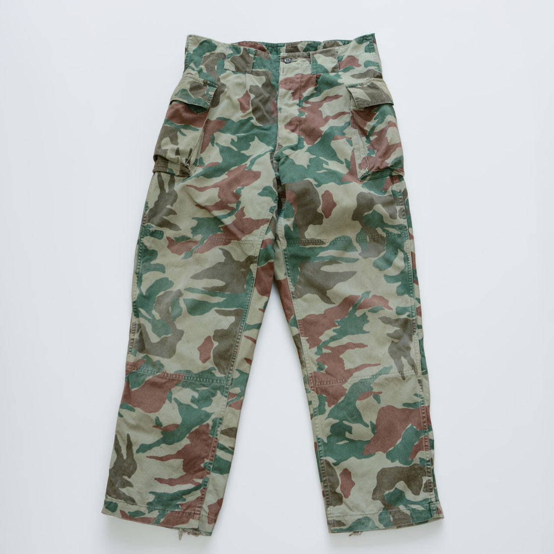 Japanese vintage Kumasasa camouflage cargo pants in faded green brown and khaki