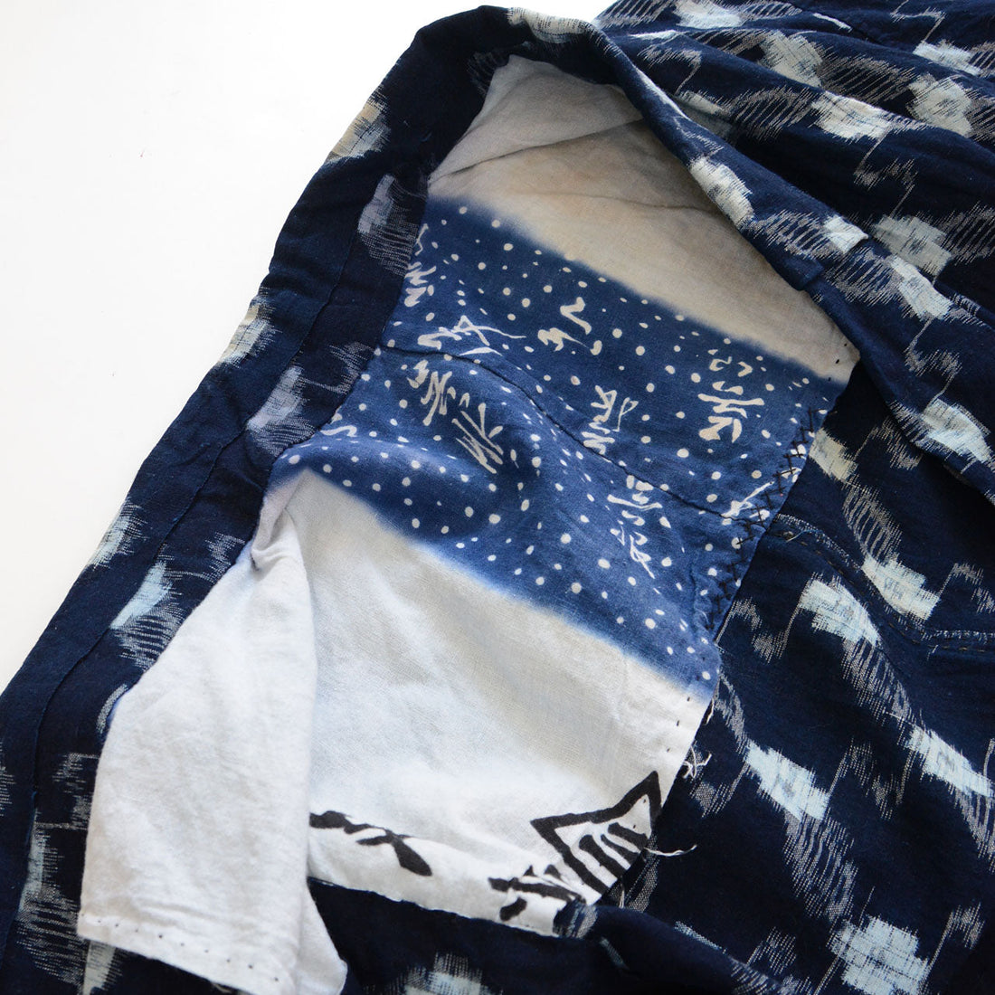 Close-up of the kimono robe lining, showing a blue tenugui panel with white patterns alongside white fabric panels