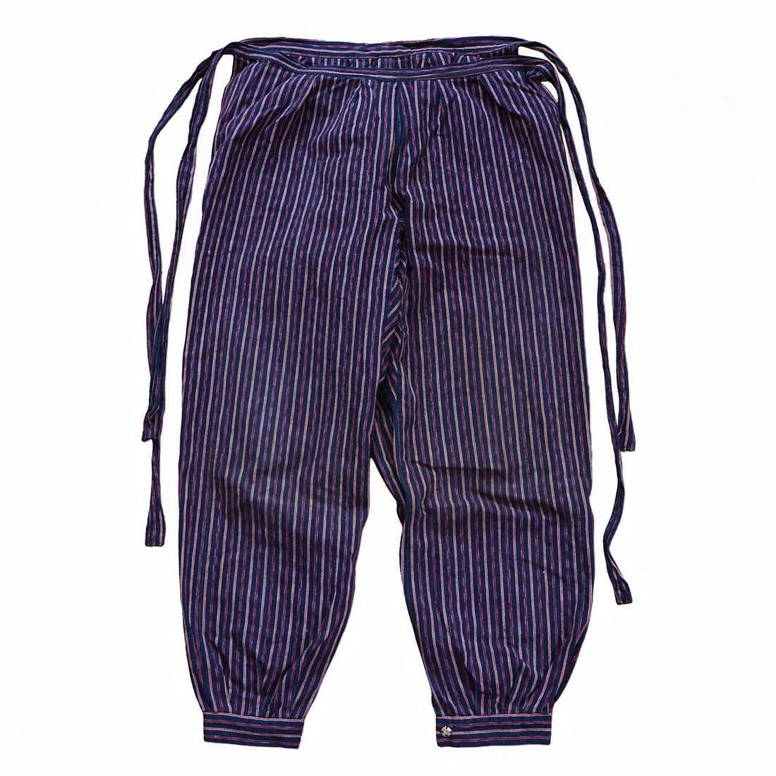 Vintage Japanese monpe pants, front view, cotton multi-color stripe in navy, burgundy, red and white, drawstring waist ties, mid-Showa era