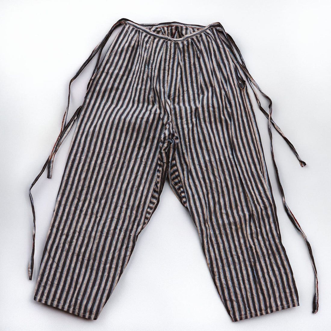 Monpe pants in striped cotton, front view, mid-Showa era Japan vintage