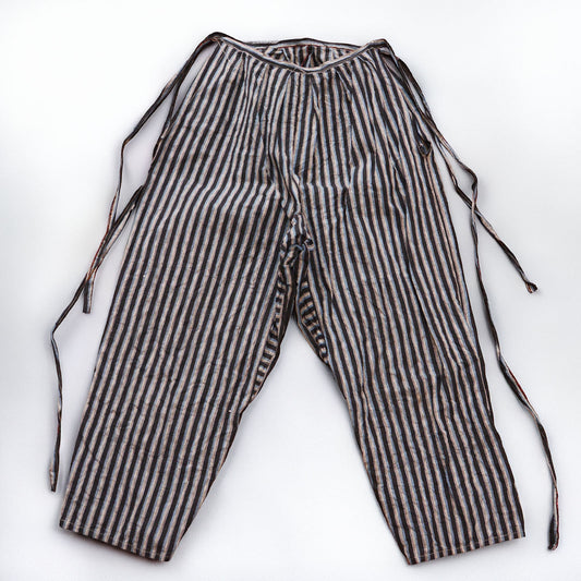 Monpe pants in striped cotton, front view, mid-Showa era Japan vintage