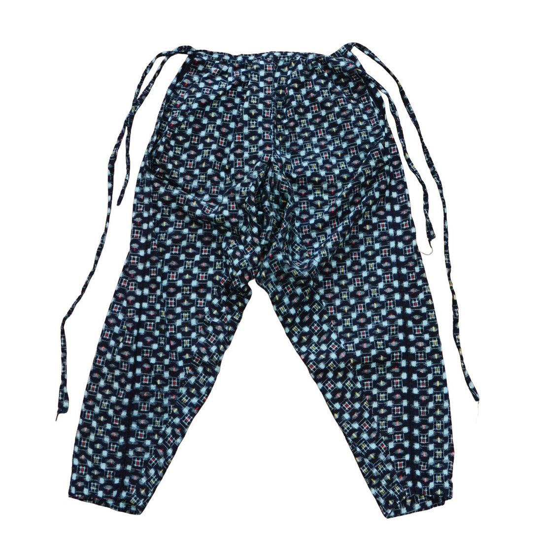 Mid-Showa Japanese vintage indigo kasuri cotton monpe pants with tie waist