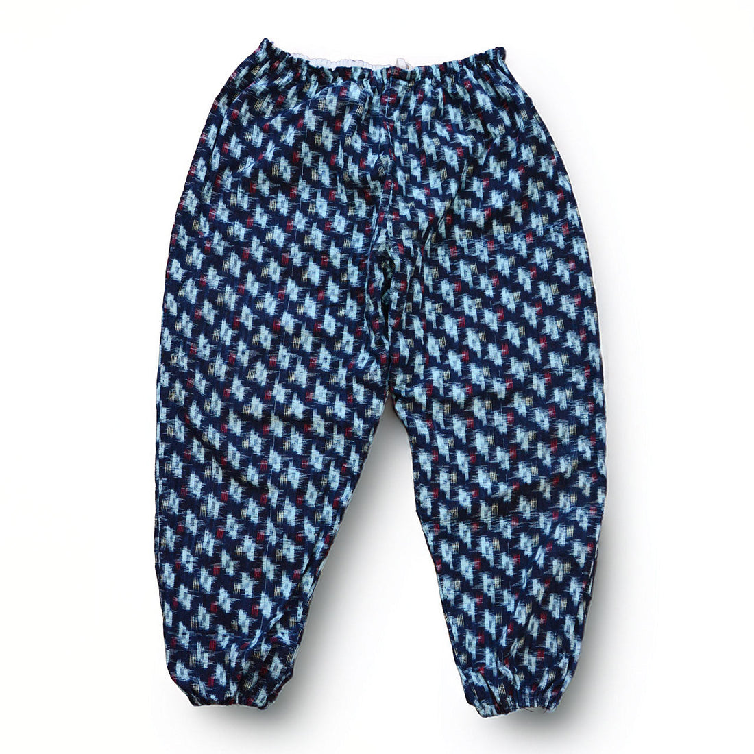 Indigo kasuri cotton monpe pants, front view, navy and white ikat pattern, elastic waist, Mid-Showa era Japanese vintage workwear