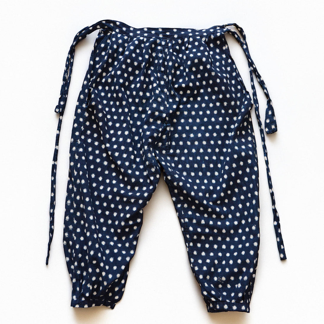 Indigo-dyed cotton monpe pants, front, snow pattern (Yukinko) kasuri, early Showa era Japan vintage
