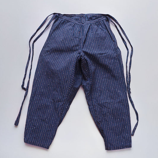 Indigo stripe cotton monpe pants, front, flat lay with tie cords, Japanese vintage workwear, estimated 1930s–1950s, NAMBA SHOUTEN