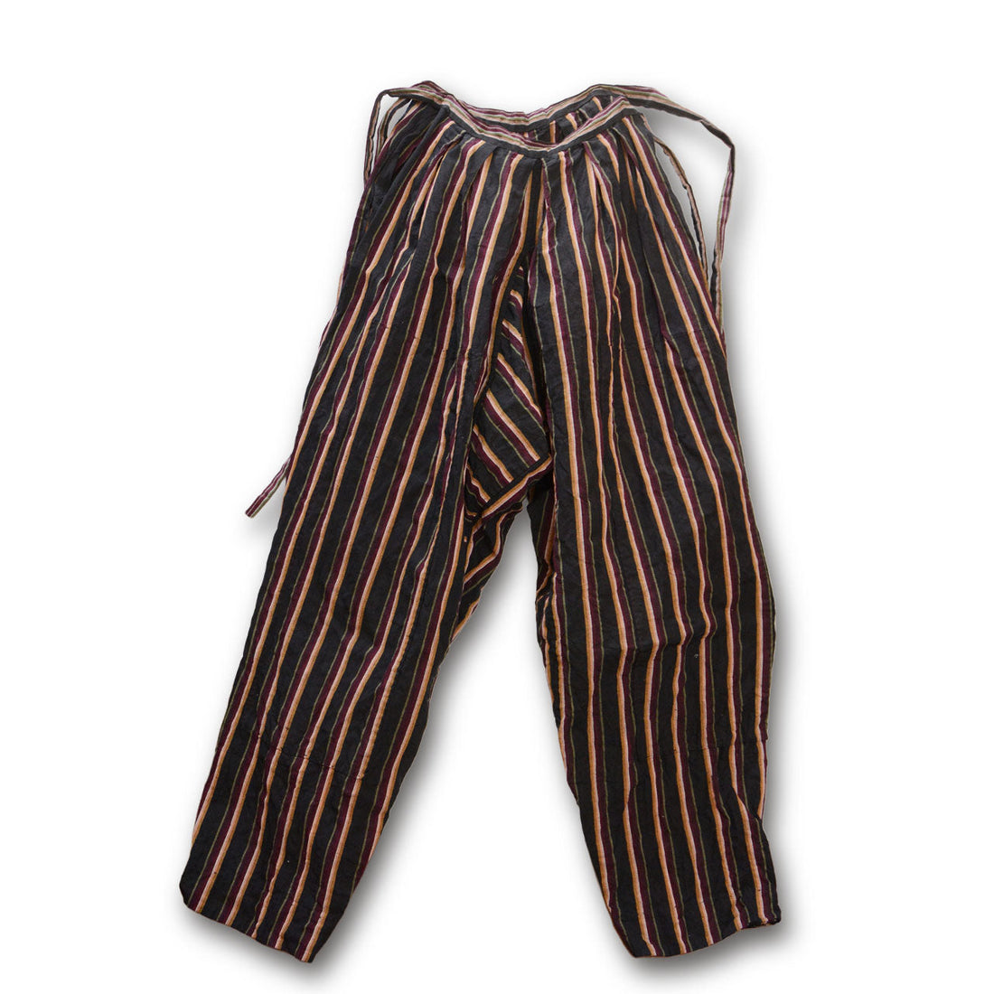 Vintage Japanese cotton monpe pants with stripe pattern and double-knee reinforcement, Showa era workwear