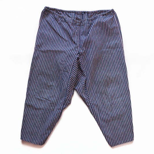 Vintage Japanese monpe pants, front view, flat lay, mid-Showa era cotton with vertical stripes