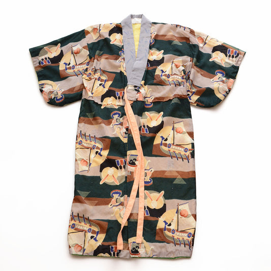Vintage Japanese juban kimono robe with moon rabbit, sailing boat, elephant and bird motifs