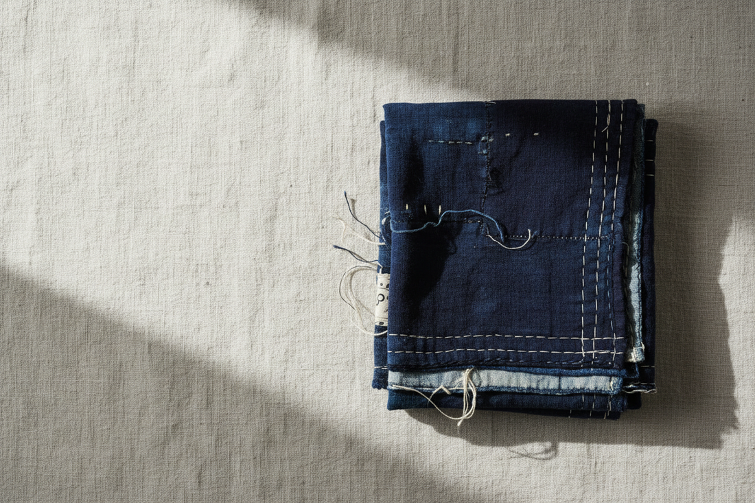 Antique Japanese indigo-dyed textile folded on raw linen — NAMBA SHOUTEN Summer Sale