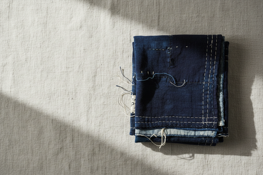 Antique Japanese indigo-dyed textile folded on raw linen — NAMBA SHOUTEN Summer Sale