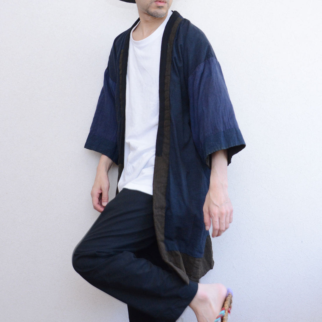 Boro noragi jacket, indigo-dyed cotton outer, worn open over white tee and dark trousers, Japan vintage styling, pre-WWII Tohoku