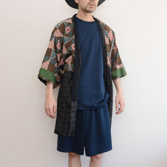 Vintage Japanese noragi jacket, worn by model, front view, Showa era