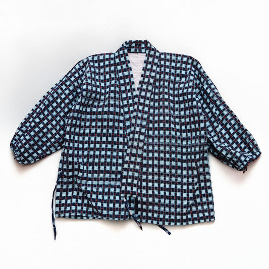 Vintage Japanese noragi uwappari work jacket, indigo-dyed check cotton, mid-Showa era, Tohoku Japan, 100% cotton, front view