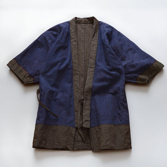 Vintage Japanese noragi jacket, solid indigo cotton lining, flat lay, front