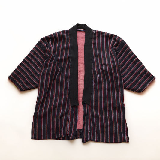 Japanese vintage noragi jacket in dark striped cotton with a salmon-pink lining