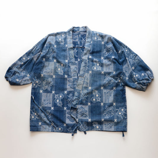 1950s–1960s Japanese vintage indigo cotton uwappari noragi jacket with floral and botanical grid motifs