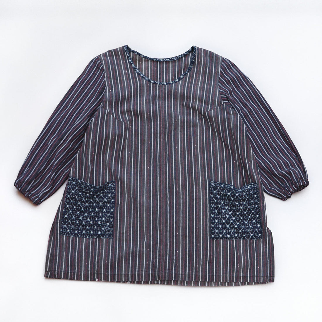 Vintage Japanese remake tunic, Showa-era stripe cotton with indigo kasuri pockets, handmade, one-of-a-kind