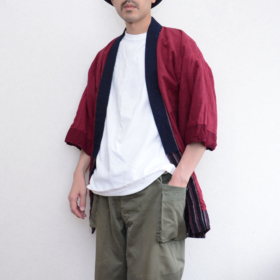 Two Jackets in One: A Mid-Showa Noragi with Indigo Collar, Stripe, and Deep Maroon Lining