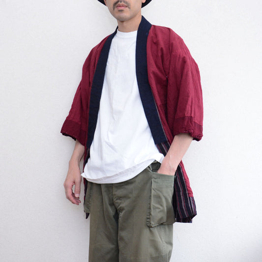 Two Jackets in One: A Mid-Showa Noragi with Indigo Collar, Stripe, and Deep Maroon Lining