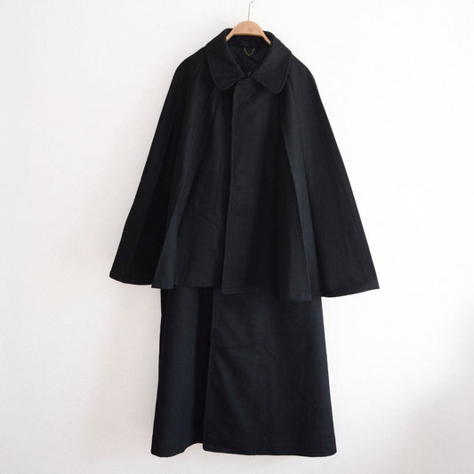 Black wool tonbi mantle coat, front view on hanger, double-cape Inverness silhouette, Taisho–Early Showa Japan vintage