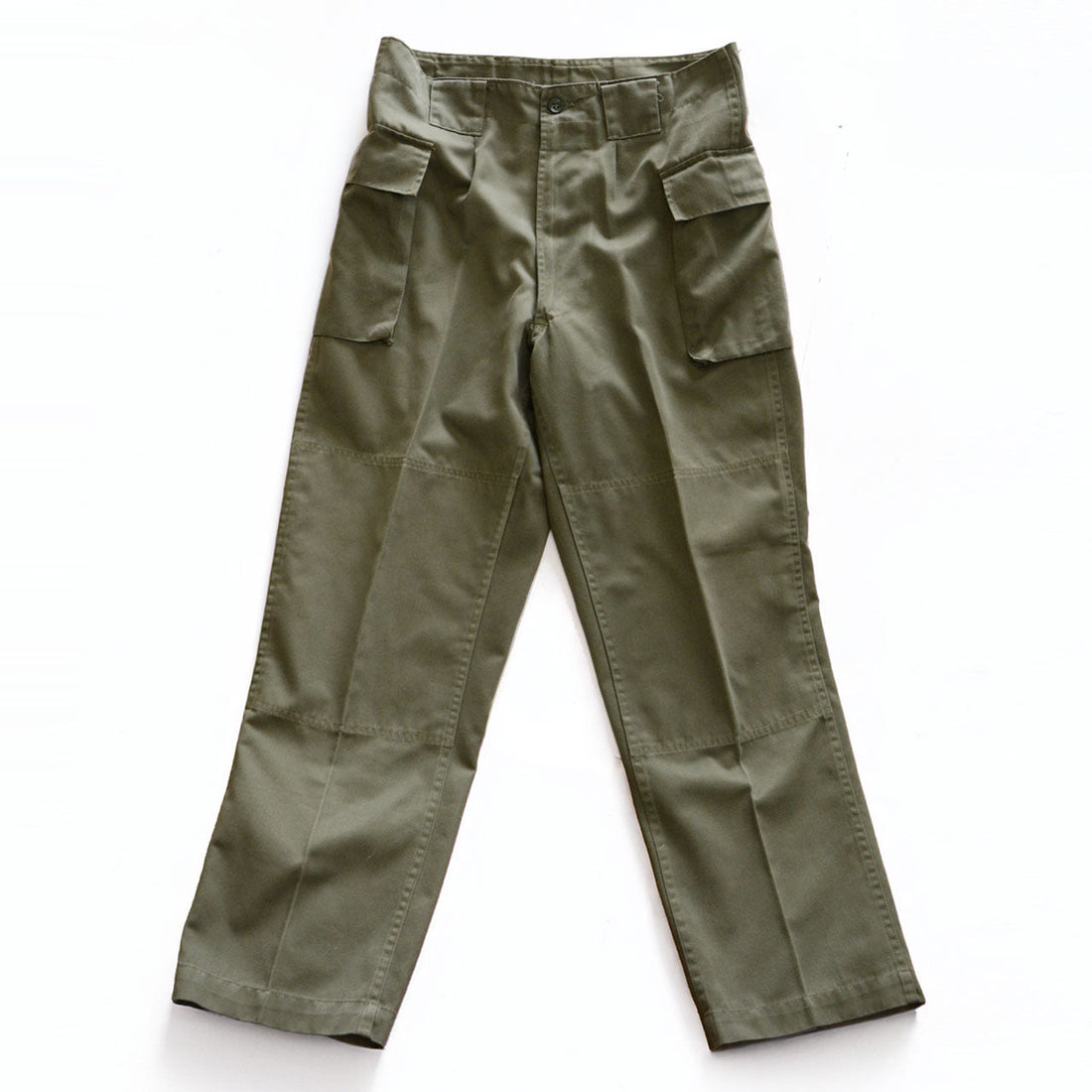 Type 65 Japanese military PX work pants, full front view, high-rise straight cut, dual cargo pockets, center crease, olive drab