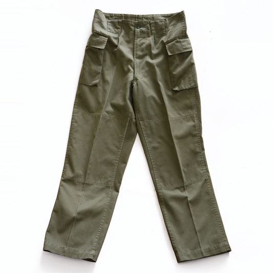 Type 65 Japanese military PX work pants, full front view, high-rise straight cut, dual cargo pockets, center crease, olive drab
