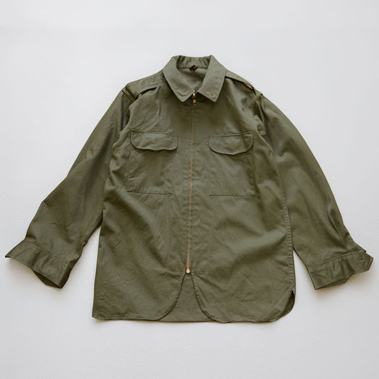 Used JGSDF Type 65 work jacket, olive drab cotton-vinylon, front, flat lay