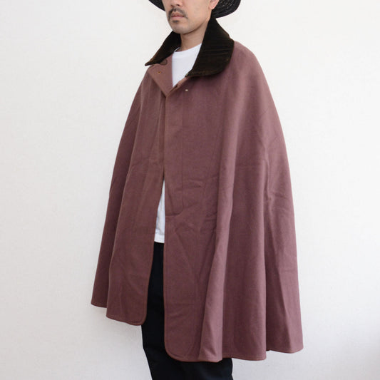 Model wearing a rare mauve Japanese vintage wool cape with dark brown velvet collar, Taisho to Showa era