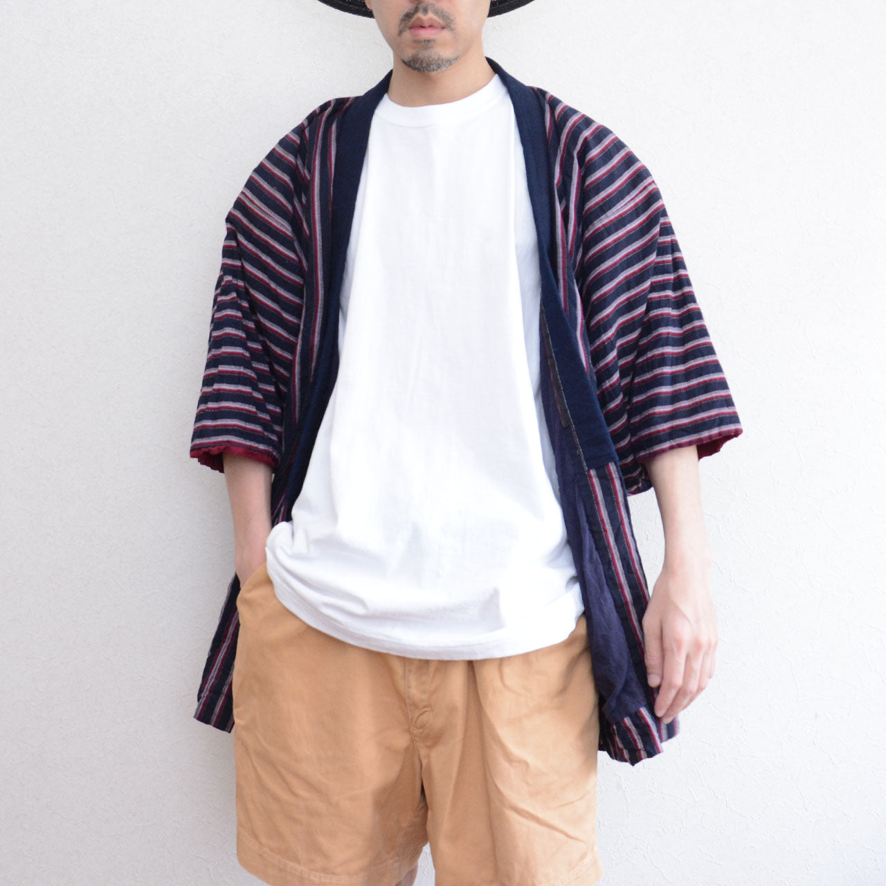 traditional japanese outerwear with vertical stripe pattern and workwear feel